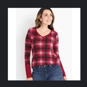 Maurices Red and Black Plaid V-Neck Sweater
